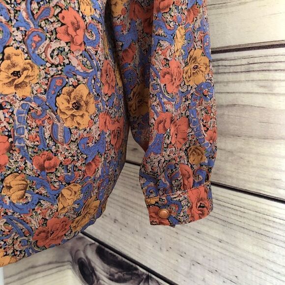 Tung Tai Vintage Burnt Orange & Blue Floral Button Down Blouse Size Small-Medium - Picture 5 of 6
